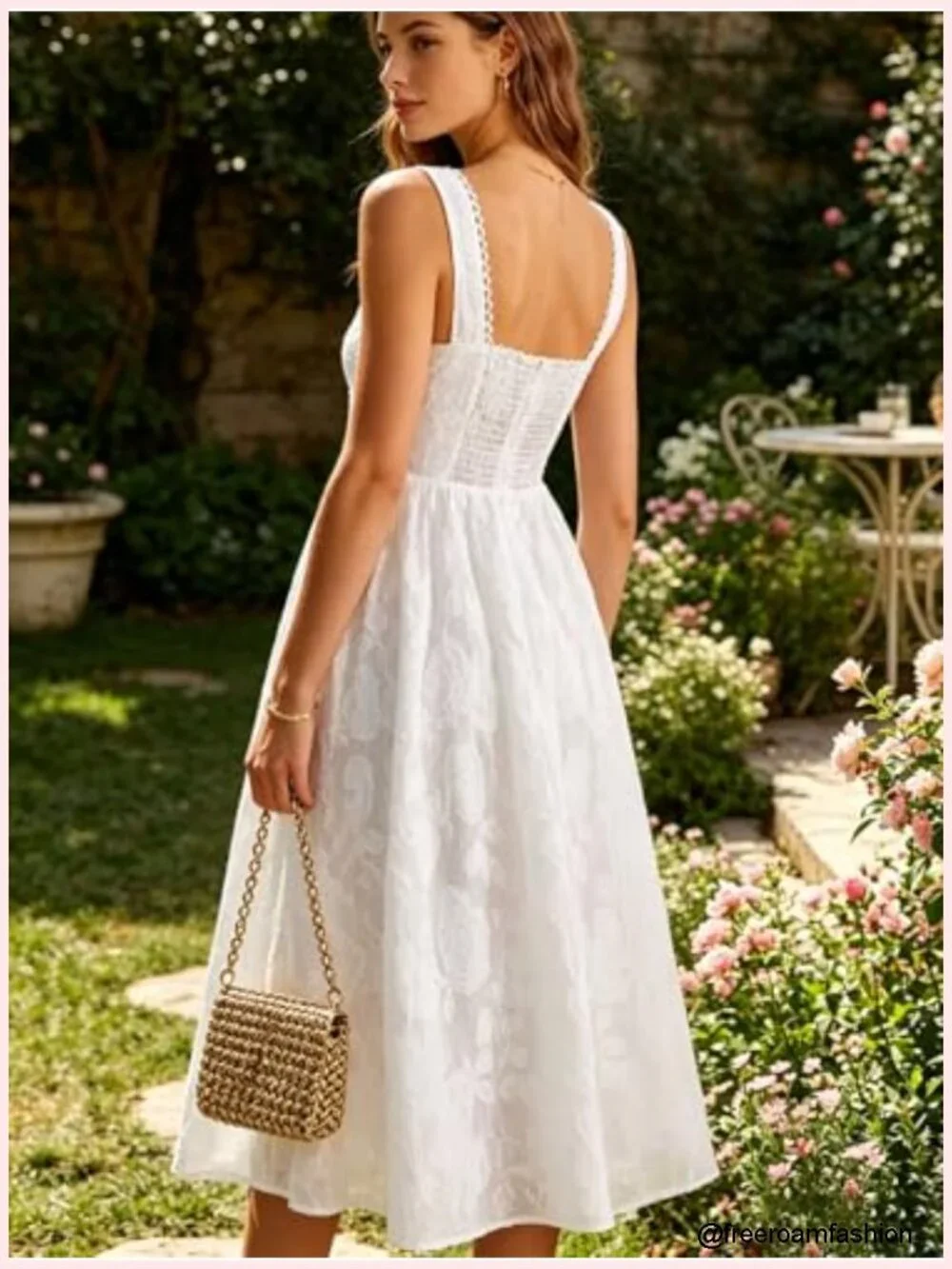 Square Neck Lace Trim A-Line Midi Sundress for Wedding Guest Party